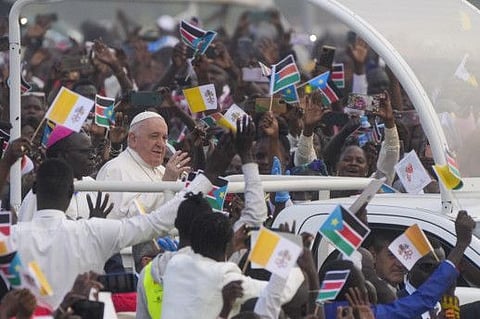 Pope Francis arrives to celebrate mass at the John Garang Mausoleum in Juba, South Sudan, Sunday.