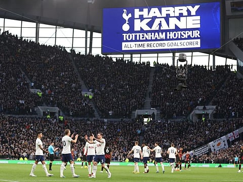 Tottenham Hotspur's striker Harry Kane (centre) celebrates with teammates after scoring during the English Premier League match against Manchester City at Tottenham Hotspur Stadium in London. With this goal number 267 of his Spurs career, Kane beat the record held by the late Jimmy Greaves.