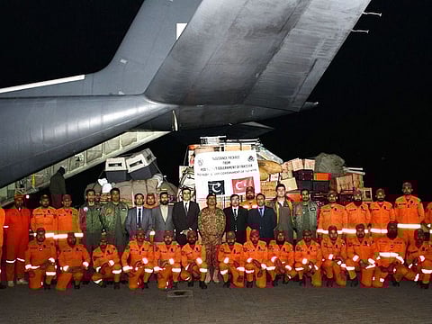 Pakistan Army dispatched two contingents of urban search and rescue teams comprising rescue experts, sniffer dogs, search equipment and a medical team. 