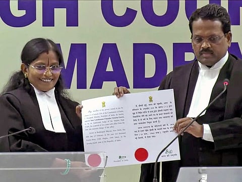 Madras High Court Acting Chief Justice, T Raja with the newly sworn-in Madras High Court Additional Judge Justice Lekshmana Chandra Victoria Gowri, in Chennai on Tuesday, Feb 7, 2023.