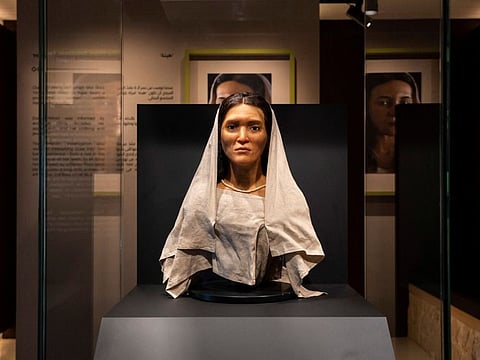 A reconstructed face of an ancient woman known as "Hinat", a member of the fascinating Nabataean civilisation that dates back over 2000 years, is displayed at the Hegra Welcome Centre, 15 years after Hegra was inscribed as the first Unesco World Heritage Site in the Kingdom, in AlUla in Saudi Arabia, in this undated handout image.  