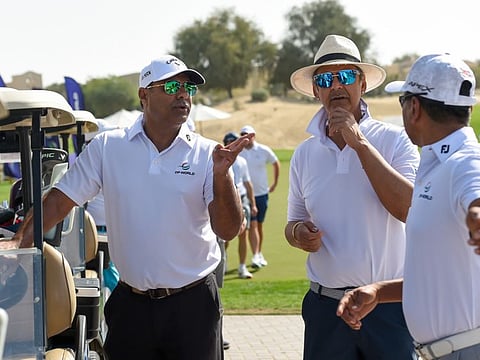 Former Pakistan fast bowler Waqar Younis and former Indian spinner Nikhil Chopra at the DP World ILT20 Power 9 Golf Day at The Els Club.