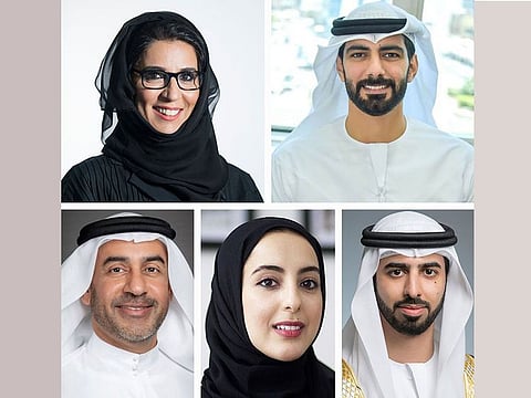 From top, clockwise, Maryam bint Ahmed Al Hammadi, Salem bin Khalid Al Qasimi, Omar bin Sultan Al Olama, Shamma bint Suhail Al Mazrouei and Abdullah Nasser Lootah.