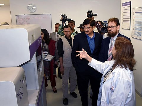 Sindh Chief Minister, Syed Murad Ali Shah, takes a tour of new blood transfusion services facility at Karachi’s Indus Hospital.