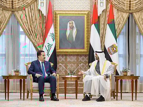 Sheikh Mohamed bin Zayed Al Nahyan, President of the United Arab Emirates receives Mohammed Shia Al Sudani, Prime Minister of Iraq during a reception at Qasr Al Watan. 