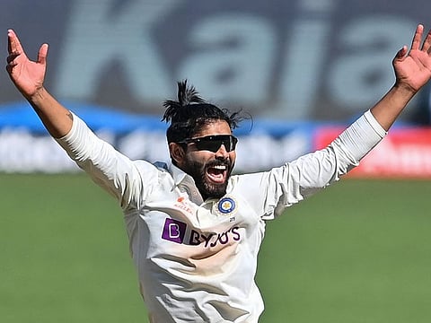 India's Ravindra Jadeja celebrates after completing his five-wicket haul on the first day of the first Test against Australia in Nagpur on Thursday.