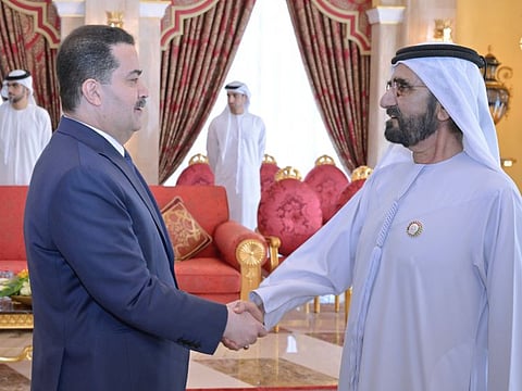 Mohammed bin Rashid Al Maktoum on Thursday receiving Iraqi Prime Minister Mohammed Shiaa’ Al Sudani at Zabeel Palace in Dubai