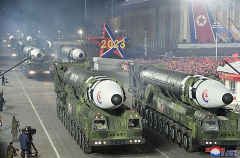 This picture taken on February 8, 2023 and released from North Korea's official Korean Central News Agency (KCNA) on February 9, 2023 shows intercontinental ballistic missiles (ICBM) during a military parade celebrating the 75th anniversary of the founding of the Korean People's Army in Kim Il Sung Square in Pyongyang.
