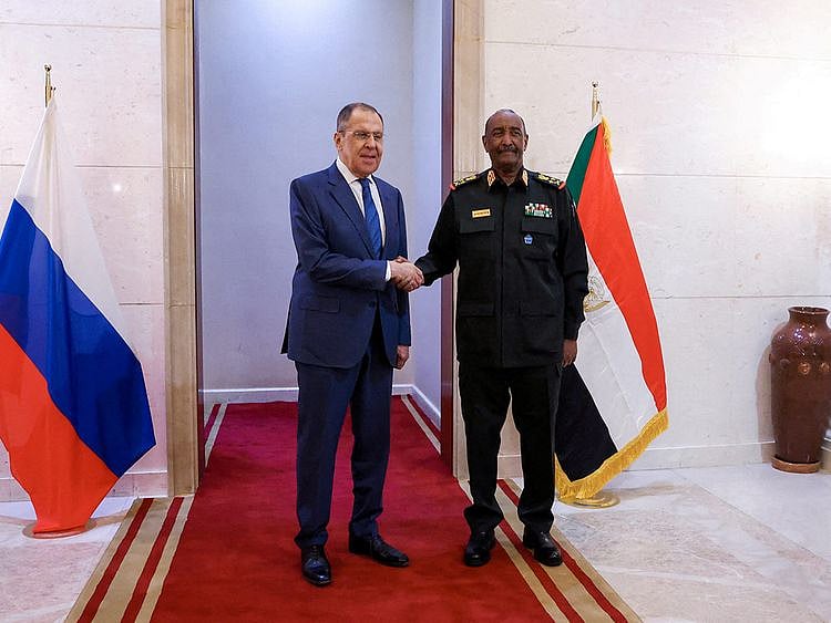 Sudan's ruling General Abdul Fattah Al Burhan meets Russian Foreign Minister Sergei Lavrov in Khartoum, on February 9, 2023.