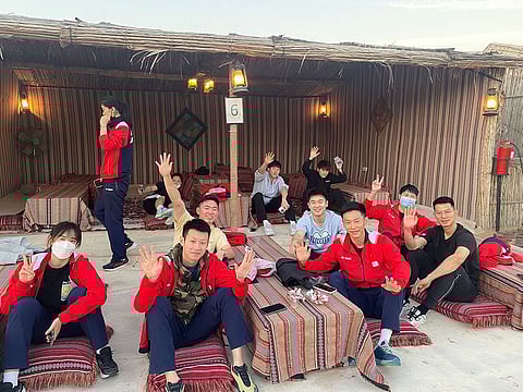 Chinese players at a relaxed frame of mind during a desert party on the eve of the Badminton Asia Championship in Dubai on Monday.