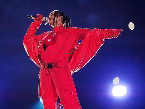 Barbadian singer Rihanna performs during the halftime show of Super Bowl LVII between the Kansas City Chiefs and the Philadelphia Eagles at State Farm Stadium in Glendale, Arizona, on February 12, 