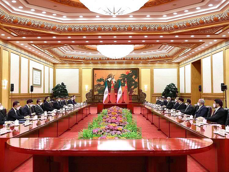 Iran's President Ebrahim Raisi and his accompanying delegation with Foreign Minister Hossein Amir-Abdollahian meeting with China's President Xi Jinping and other government officials in Beijing on February 14, 2023.