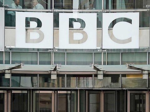 This photo shows a BBC sign outside the entrance to the headquarters of the publicly funded media organisation in London, July 19, 2017. 