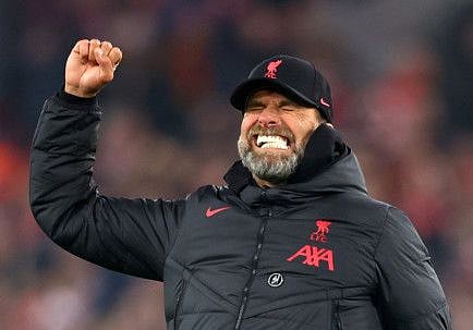 Liverpool manager Juergen Klopp celebrates after the match against Everton.