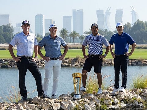 Australian Scott Hend, American Andy Ogletree, Dubai based Shiv Kapur joined by South Korean Sangmoon Bae at a pre-tournament press shoot at Doha Golf Club