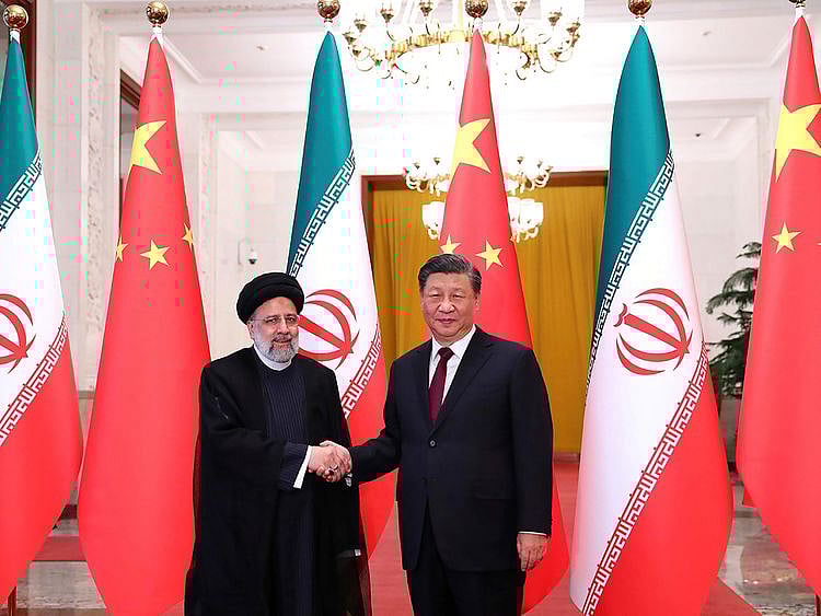 Iranian President Ebrahim Raisi with Chinese President Xi Jinping in Beijing, on February 14, 2023.  