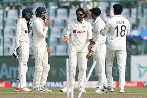 India's Ravindra Jadeja celebrates a wicket with teammates during the third day of the second Test match against Australia, at Arun Jaitley Stadium, in New Delhi.