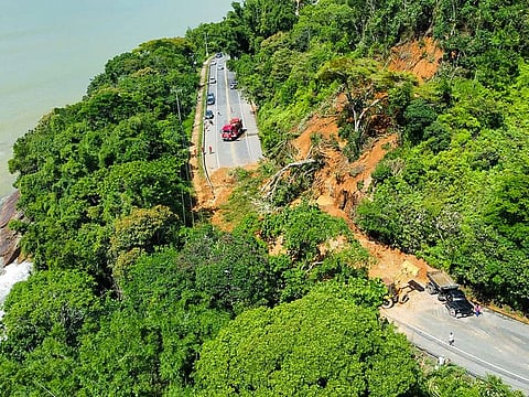 This handout picture released by Ubatuba Civil Defense shows the SP-55 highway blocked by a landslide in the municipality of Ubatuba, north coast of the state of Sao Paulo, Brazil on February 19, 202