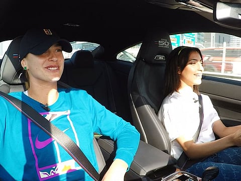 UAE F3 driver Amna Al Qubaisi takes Australian Open tennis champion Aryna Sabalenko on a tour of Dubai on February 20, 2023.