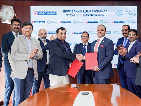 Adeeb Ahamed, MD, LuLu Financial Holdings and Arvind Vohra, Group Head, Branch Banking & Retail Trade and Forex, HDFC Bank, sign an MoU between the two companies to launch RemitNow2India service for quick money transfer from the UAE to India