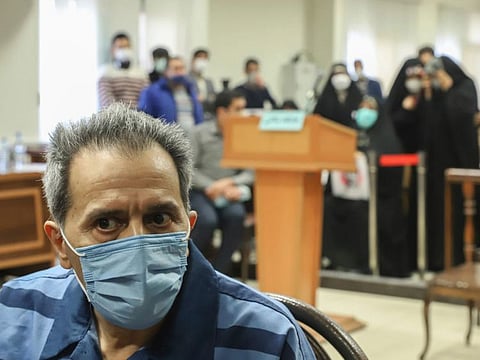 Iranian-German national and US resident Jamshid Sharmahd attends his trial at the Revolutionary Court, in Tehran, Iran, on Feb. 6, 2022. 