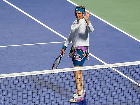 India’s Sania Mirza thanks the crowd after playing her last match, with doubles partner Madison Keys of United States at the Dubai Duty Free Tennis Championships, on February 22, 2023. 