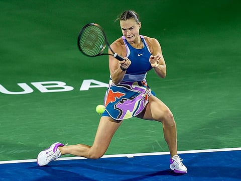 World No. 2 Aryna Sabalenka of Belarus powers a forehand against Jelena Ostapenko of Latvia in the third round of the Dubai Duty Free Tennis Championships on February 22, 2023. Forehand winners were a feature of Sabalenka’s win against the defending champion. 