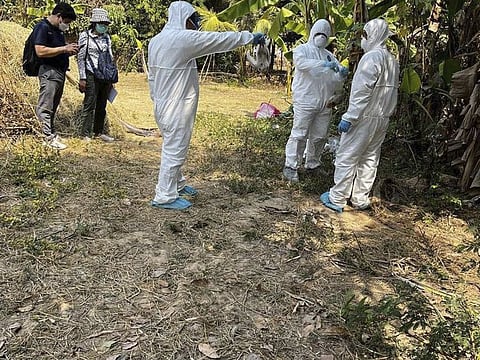 In this photo released by the Cambodia Ministry of Health, Cambodia health experts spray disinfectant at a village in Prey Veng eastern province Cambodia, Friday, Feb. 24, 2023.  