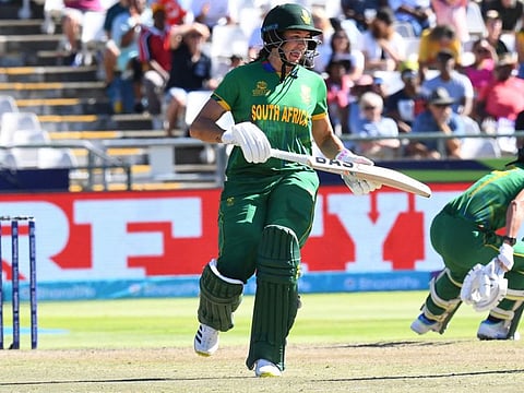 South Africa's Tazmin Brits during the semi-final T20 women's World Cup cricket match against England at Newlands Stadium in Cape Town.