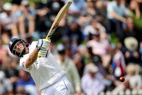 England's Joe Root plays a shot during day two of the second cricket Test match between New Zealand and England at the Basin Reserve in Wellington.
