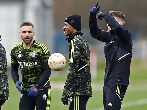 Manchester United's Marcus Rashford (centre) and teammates during training ahead of the League Cup final against Newcastle United tomorrow.
