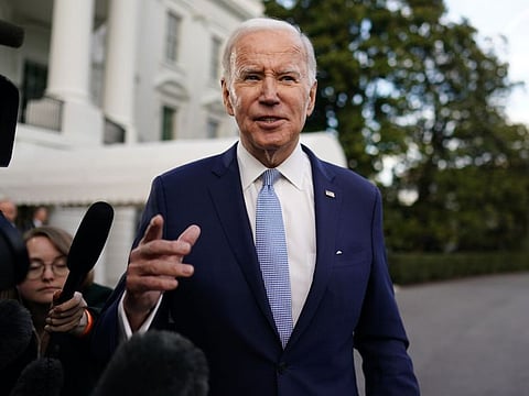 US President Joe Biden speaks to members of the media before boarding Marine One on the South Lawn of the White House in Washington, DC, US, on Friday, Feb. 24, 2023.  