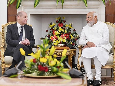 Indias Prime Minister Narendra Modi (R) meeting with German Chancellor Olaf Scholz in New Delhi.