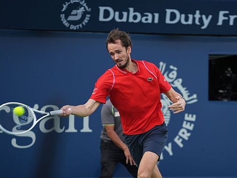 Third seed Daniil Medvedev in action against Matteo Arnaldi in the first round of the Dubai Duty Free Tennis Championship on February 28, 2023. Medvedev won in straight sets. 