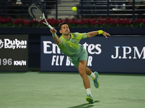 World No. 1 Novak Djokovic in action against Czech qualifier Tomas Machac in the first round of the ATP Dubai Duty Free Tennis Championship on Tuesday. Djokovic won in three sets. 
