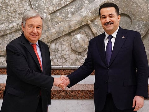 Shia Al Sudani (right) meets Antonio Guterres in Baghdad on March 1, 2023. - Guterres was in Iraq for talks with senior officials in a show of "solidarity" after a drawn-out political crisis.  