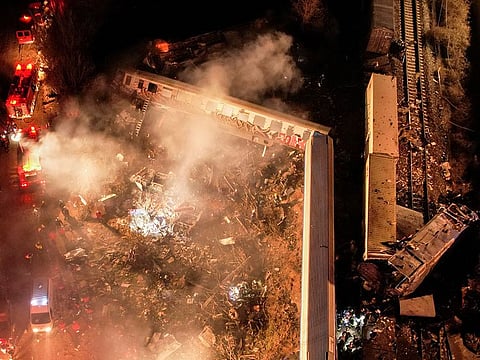 The site of a crash, where two trains collided, is seen near the city of Larissa, Greece.