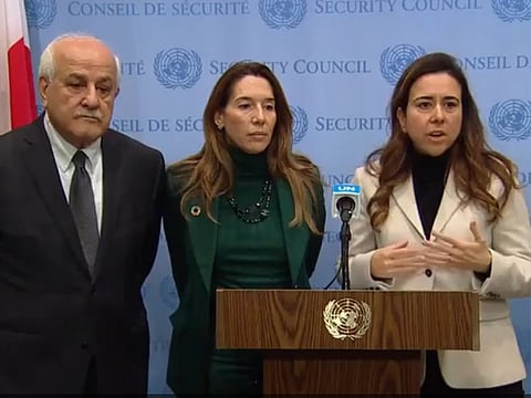 Lana Nusseibeh addresses reporters after the UN Security Council meeting later on Tuesday. To her right are Vanessa Frazier and Riyad Mansour.