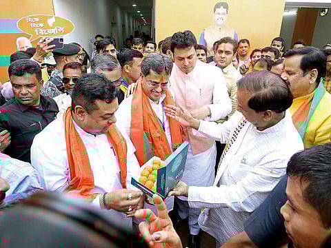 Tripura Chief Minister Manik Saha being offered sweets after winning in the Tripura Assembly Elections from Town Bardowali constituency, in Agartala on Thursday, Mar 2, 2023.  Former Chief Minister of Tripura Biplab Kumar Deb, Party National Spokesperson Sambit Patra and others also seen. 