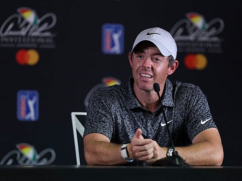 Rory McIlroy of Northern Ireland speaks to the media in a press conference  at Arnold Palmer Bay Hill Golf Course in Orlando, Florida, on Wednesday.