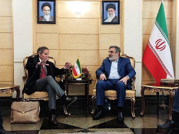  International Atomic Energy Agency (IAEA) Director General Rafael Grossi is welcomed by Behrouz Kamalvandi, the spokesman of the Atomic Energy Organization of Iran (AEOI), upon his arrival in Tehran, Iran, March 3, 2023. 