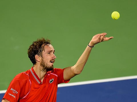 Daniil Medvedev in action against Borna Coric of Croatia in quarterfinal of the ATP Dubai Duty Free Tennis Championships on Thursday.