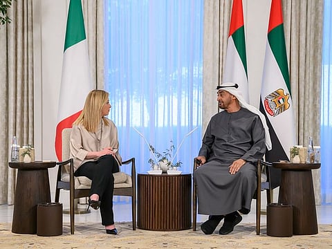 President His Highness Sheikh Mohamed bin Zayed Al Nahyan receives Giorgia Meloni, Prime Minister of Italy.
