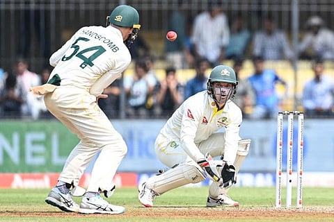 Australia's Alex Carey (right) in action against India during the first day of the third Test at the Holkar Stadium in Indore.