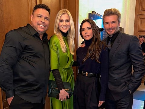 Ronaldo (left) and David Beckham (right) were reunited at Victoria Beckham's fashion show in Paris.