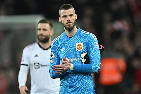 Manchester United's goalkeeper David de Gea reacts to the 7-0 defeat against Liverpool at Anfield, north west England.