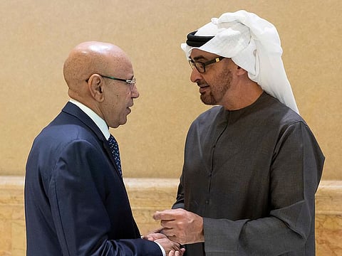 President His Highness Sheikh Mohamed bin Zayed Al Nahyan (right) with President Mohamed Ould Ghazouani of the Islamic Republic of Mauritania