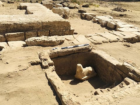 In this undated photo distributed Monday, March 6, 2023, by the Egyptian Ministry of Tourism and Antiquities, a sphinx statue believed to be made in the likeness of a Roman emperor is uncovered from an archaeological site in Qena, Egypt.