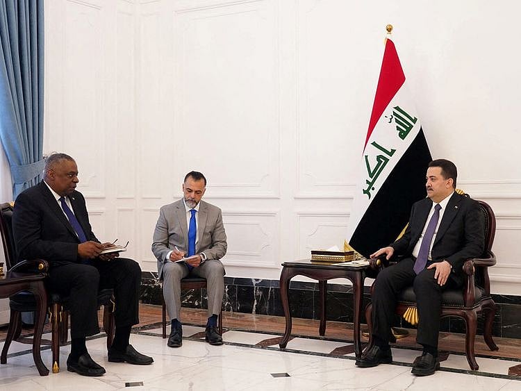 Iraqi Prime Minister Shia Al Sudani meets with US Defence Secretary Lloyd Austin in Baghdad, on March 7, 2023. 