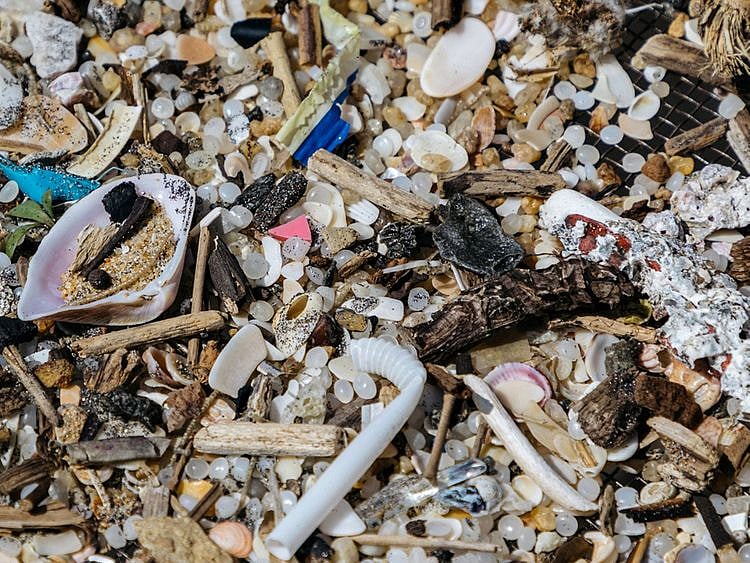 Plastic particles that washed ashore from a sunken container ship in Uswetakeiyawa, Sri Lanka.  